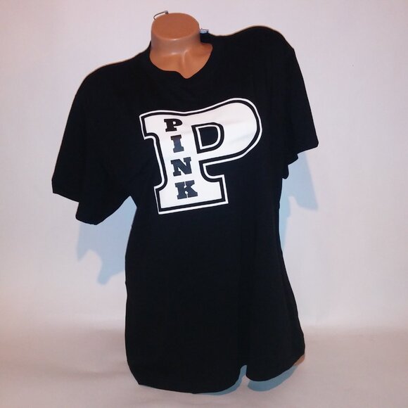 Victoria Secret PINK T Shirt‎ Black Cream Logo Crew Neck Short Sleeve Campus Tee - Picture 4 of 12
